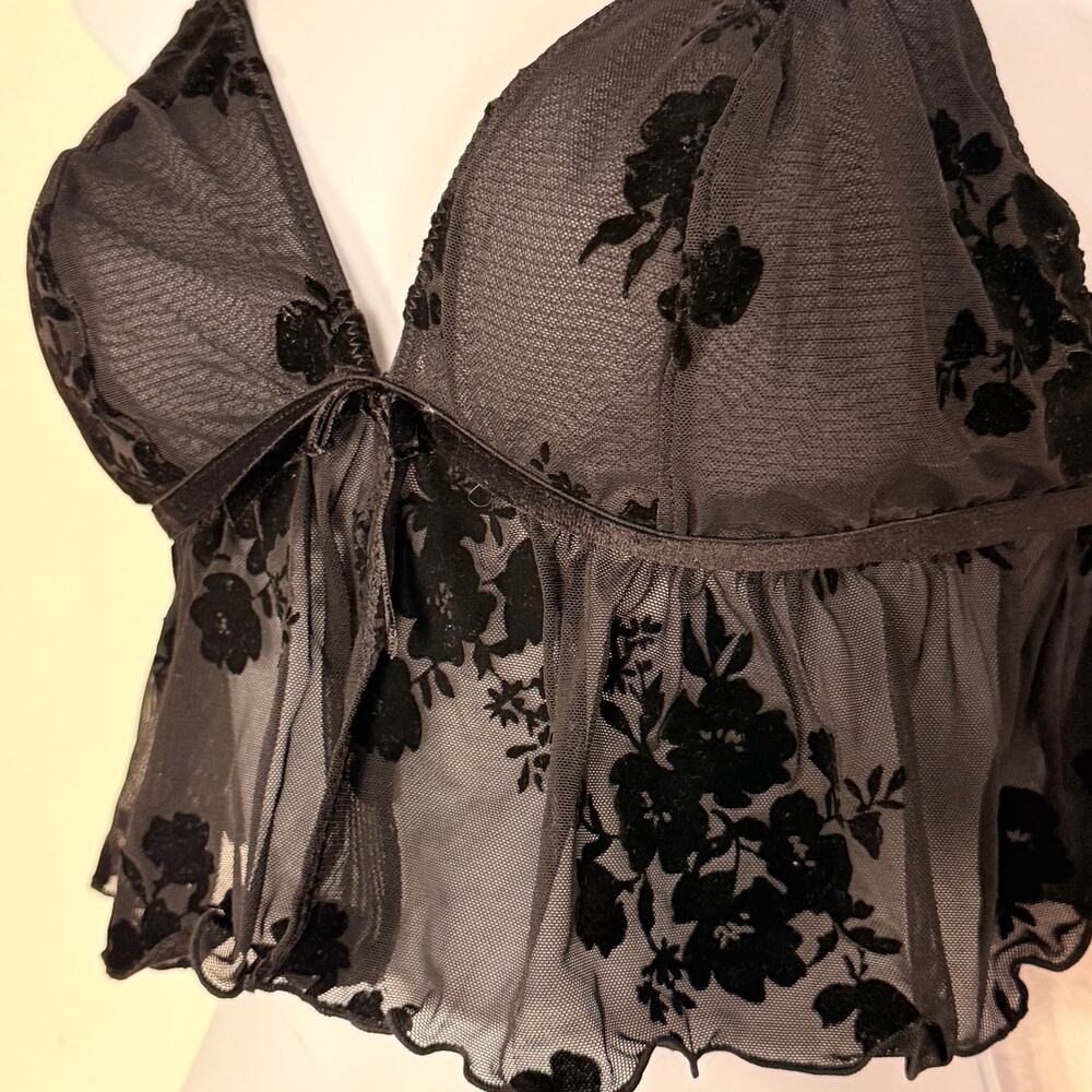 Auden Black Floral Flocked Mesh Babydoll Lingerie Top, Size M, NWT